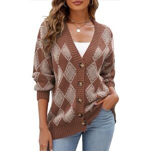 ZAFUL Rust Red Argyle Plaid Cardigan Sweater Preppy Oversized Chunky Knit Large